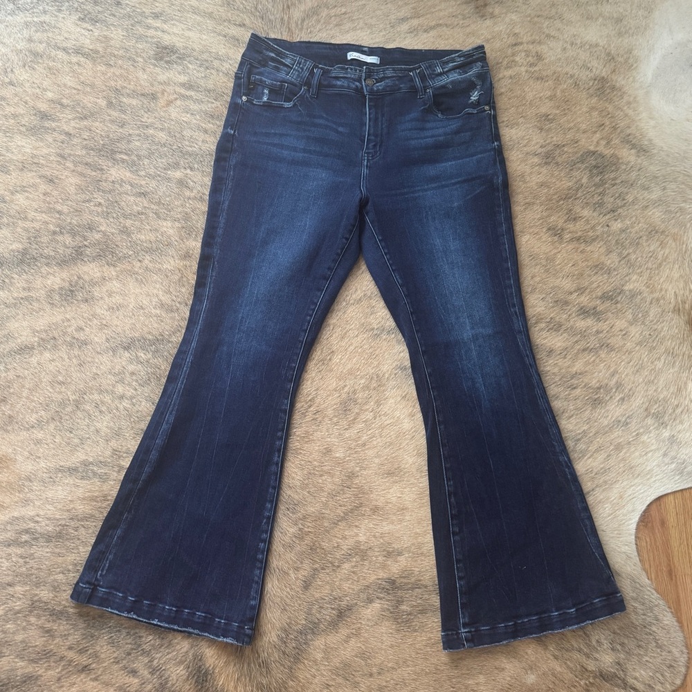 KanCan Blue Flare Wide Leg Jeans with Distressed Details